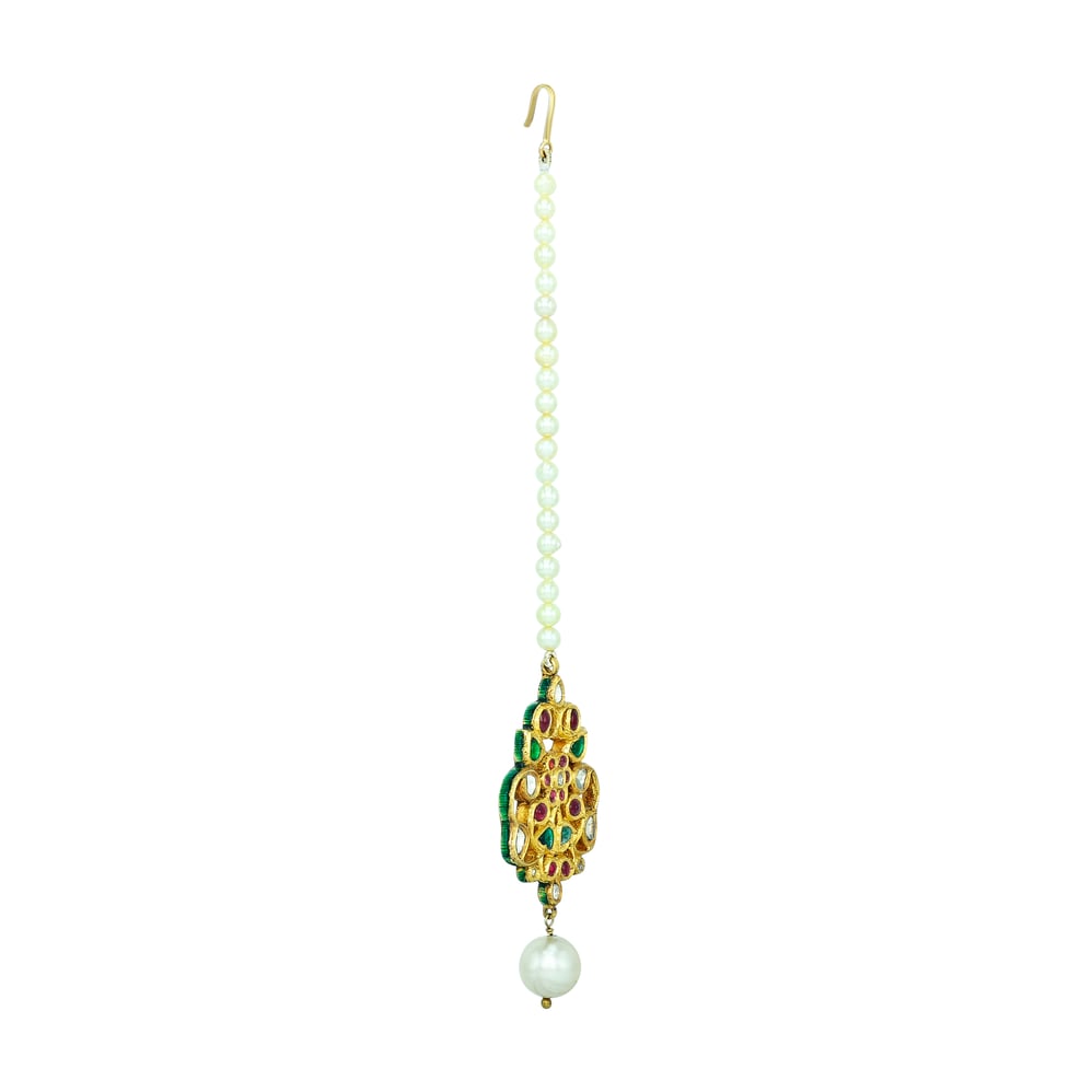 Multi Hue Maang Tikka with Polkis and Pearl Drop